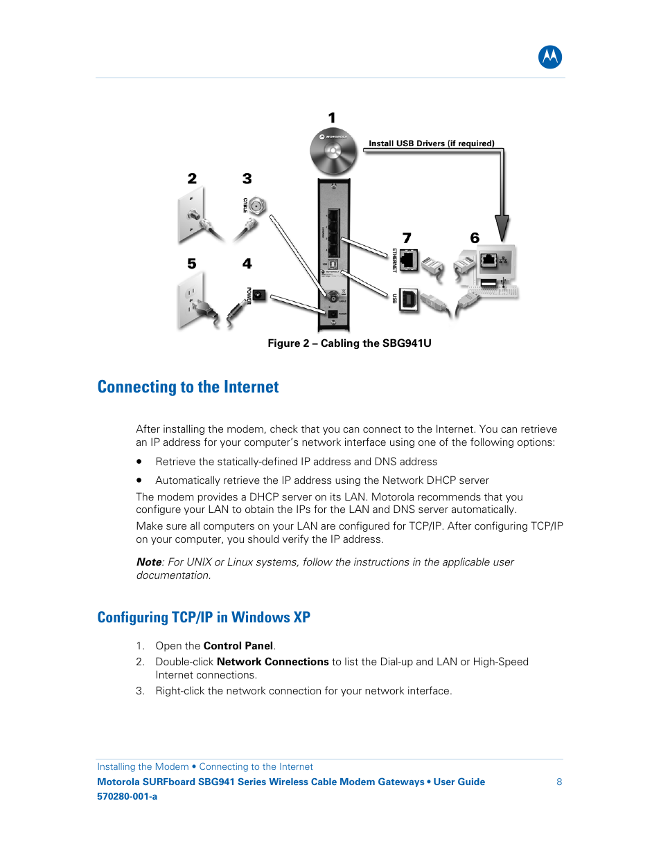 Connecting to the internet, Configuring tcp/ip in windows xp, Figure 2 – cabling the sbg941u | Motorola SURFboard 570280-001-a User Manual | Page 16 / 78