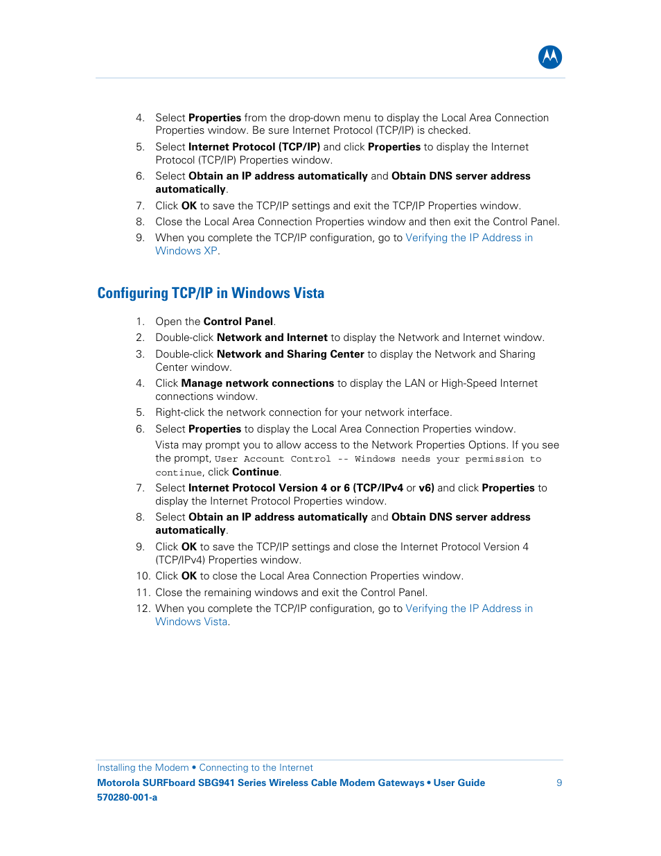 Configuring tcp/ip in windows vista | Motorola SURFboard 570280-001-a User Manual | Page 17 / 78