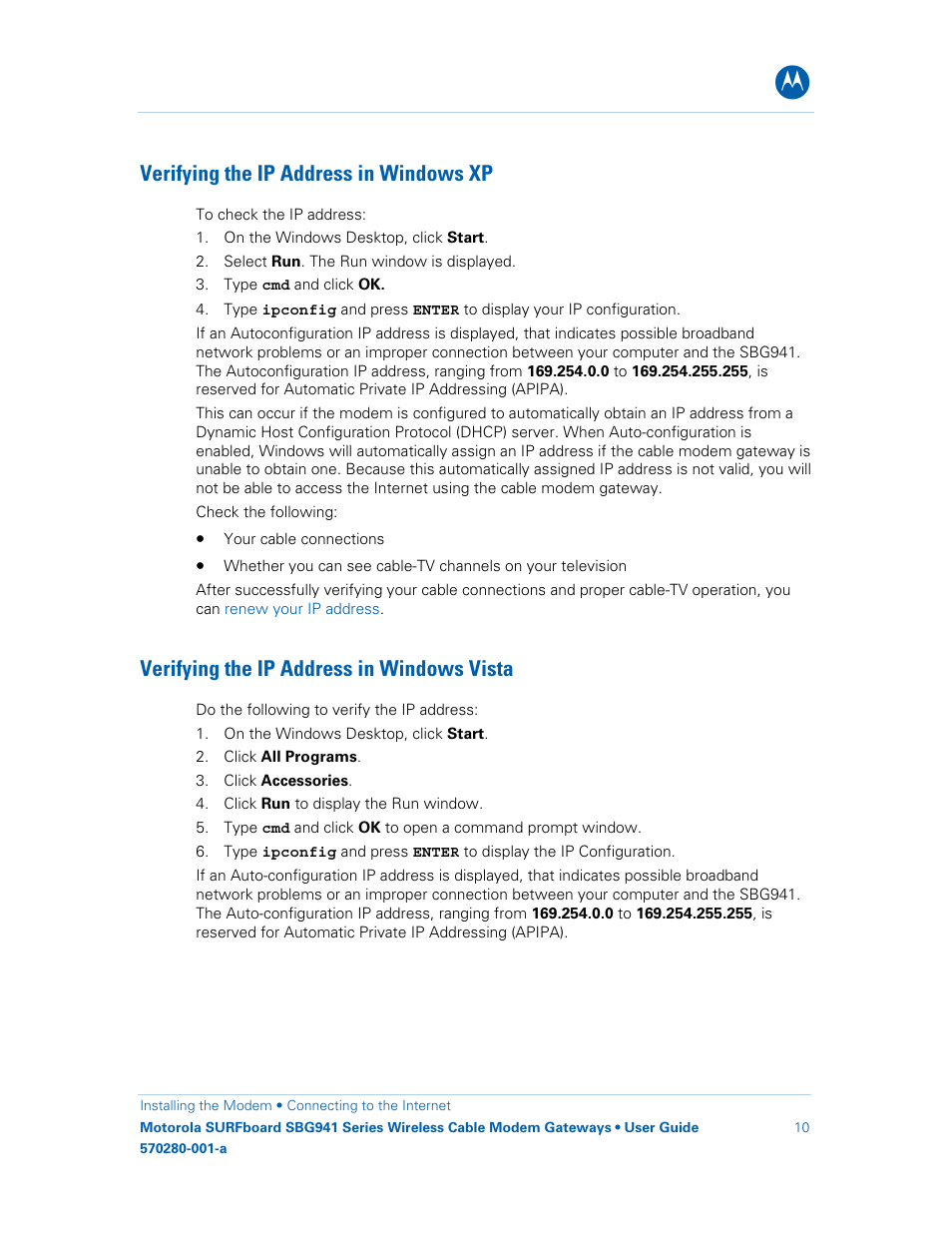 Verifying the ip address in windows xp, Verifying the ip address in windows vista, Verifying the ip address in | Windows xp, Windows vista | Motorola SURFboard 570280-001-a User Manual | Page 18 / 78
