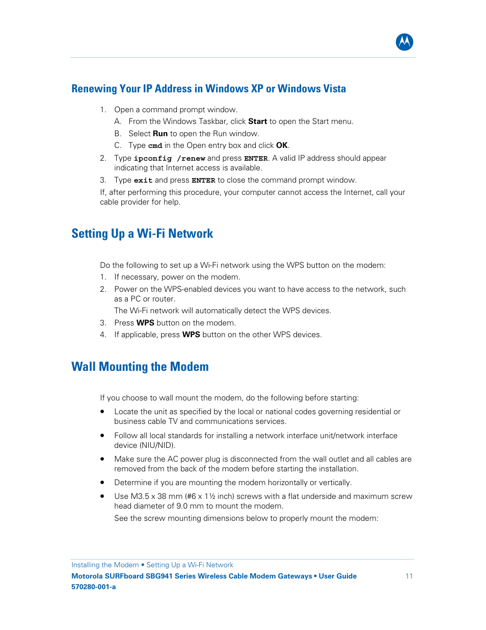 Setting up a wi-fi network, Wall mounting the modem | Motorola SURFboard 570280-001-a User Manual | Page 19 / 78