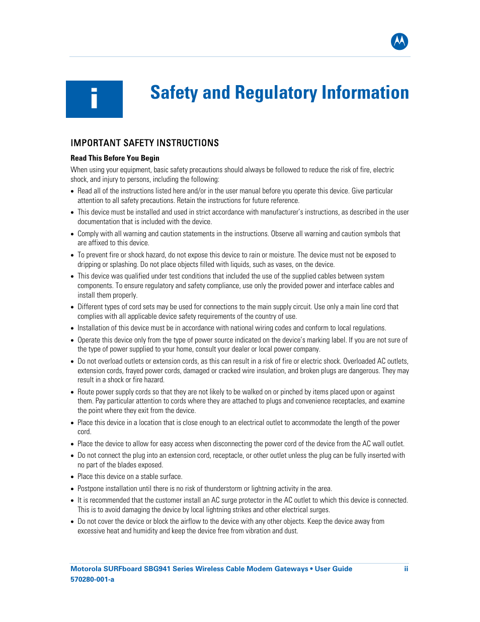 Safety and regulatory information | Motorola SURFboard 570280-001-a User Manual | Page 2 / 78
