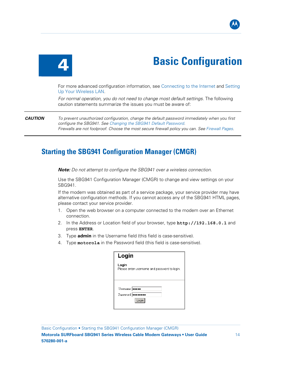 Basic configuration, Starting the sbg941 configuration manager (cmgr), Starting the sbg 941 configuration manager (cmgr) | Motorola SURFboard 570280-001-a User Manual | Page 22 / 78