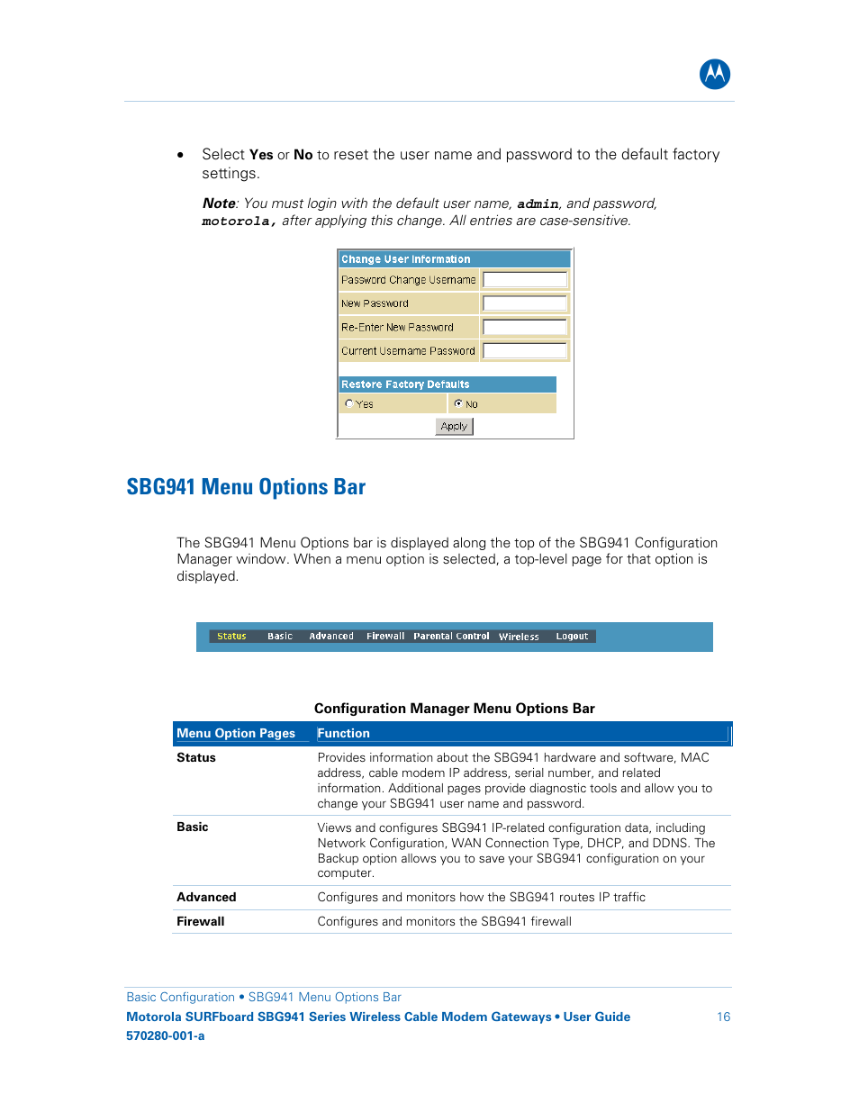 Sbg941 menu options bar | Motorola SURFboard 570280-001-a User Manual | Page 24 / 78