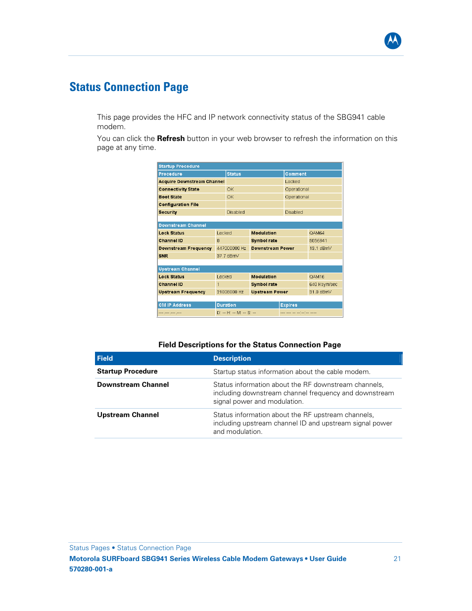 Status connection page | Motorola SURFboard 570280-001-a User Manual | Page 29 / 78