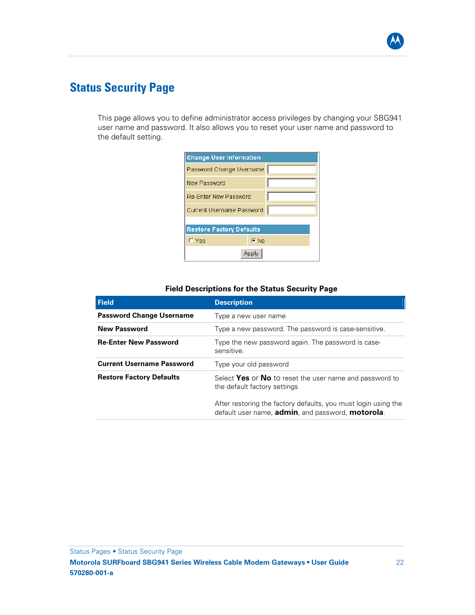 Status security page | Motorola SURFboard 570280-001-a User Manual | Page 30 / 78