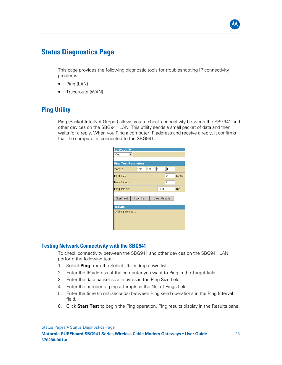 Ping utility, Status diagnostics page | Motorola SURFboard 570280-001-a User Manual | Page 31 / 78