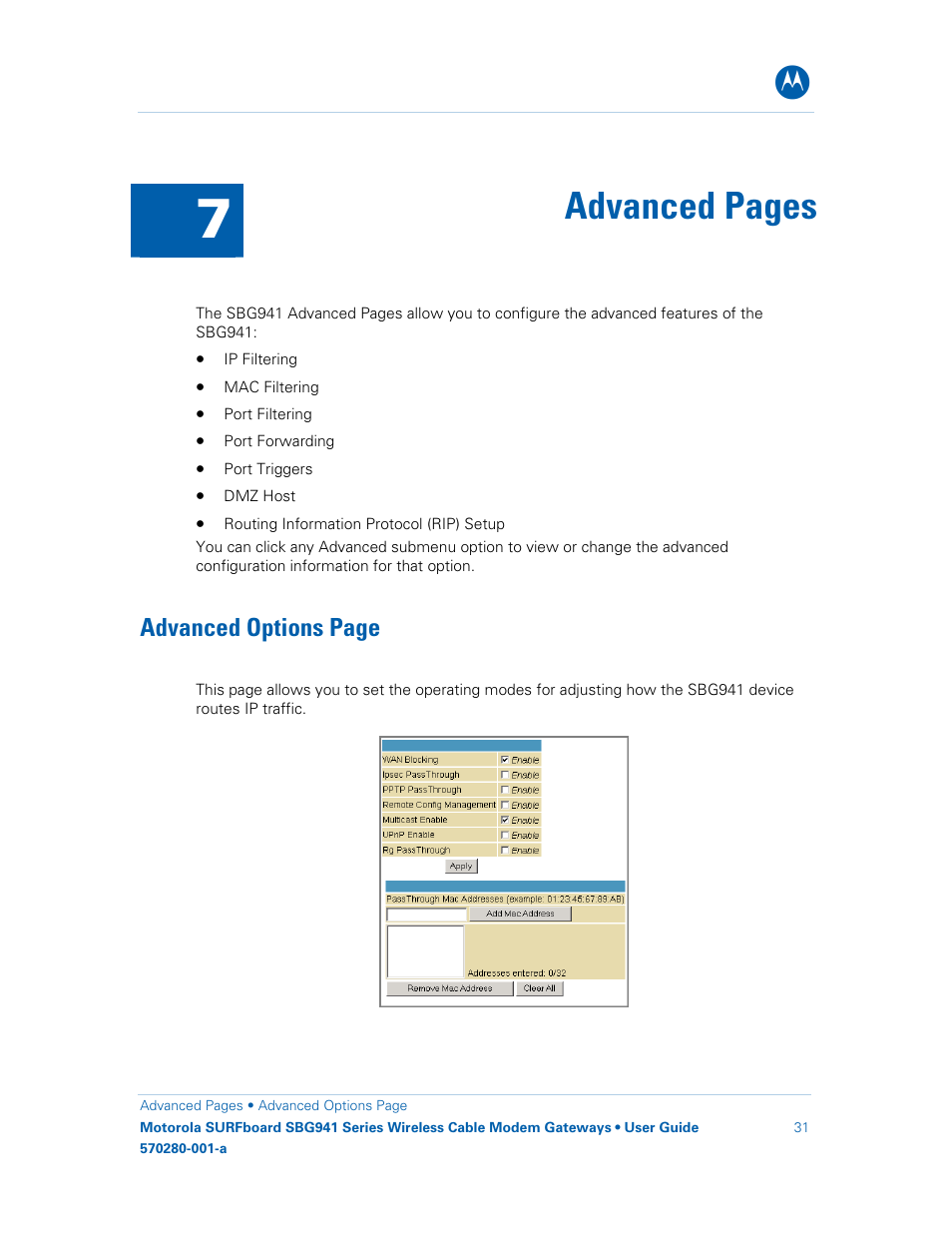 Advanced pages, Advanced options page | Motorola SURFboard 570280-001-a User Manual | Page 39 / 78