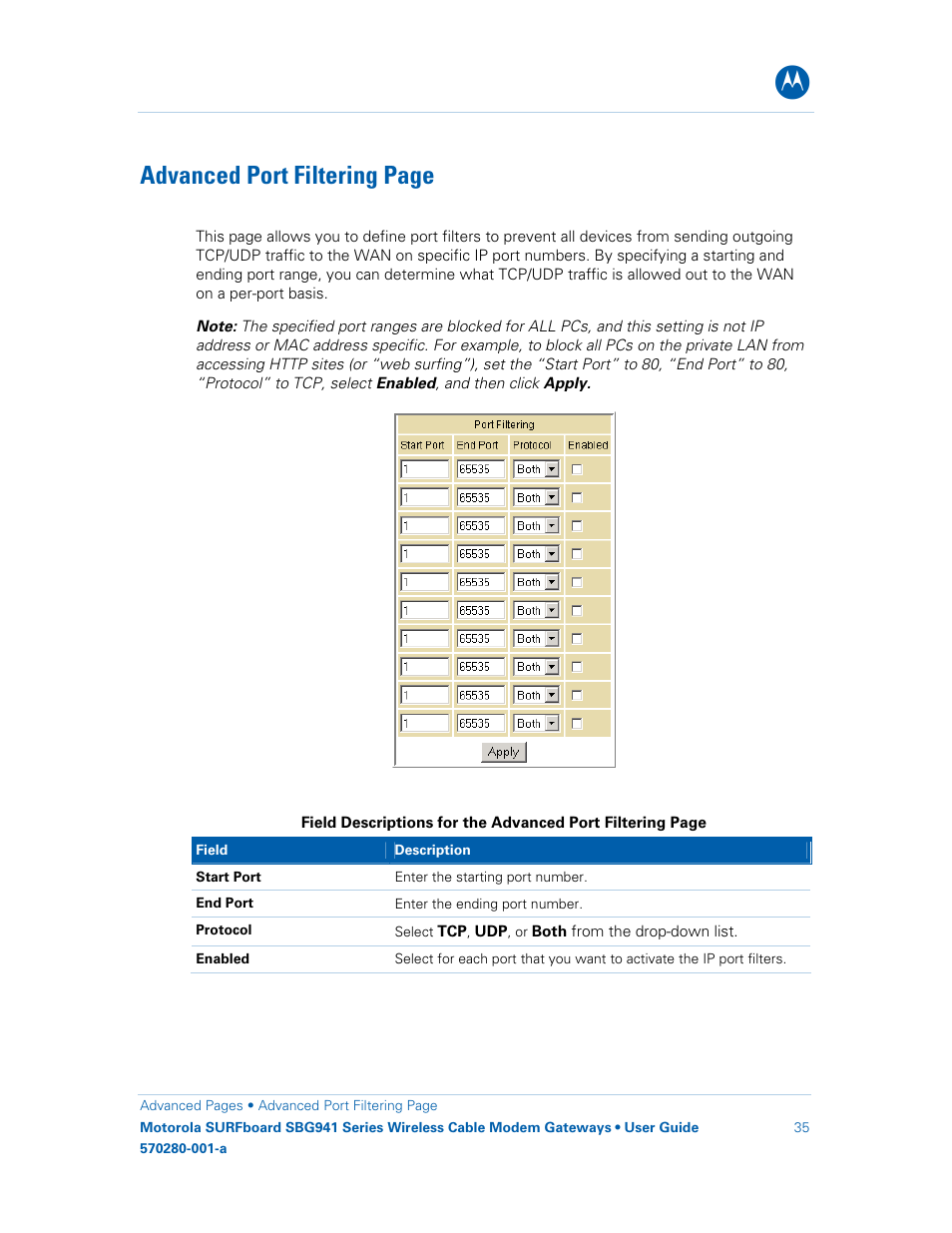 Advanced port filtering page | Motorola SURFboard 570280-001-a User Manual | Page 43 / 78