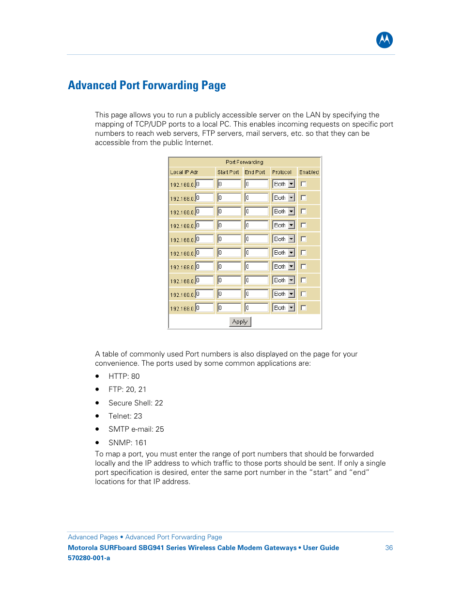 Advanced port forwarding page | Motorola SURFboard 570280-001-a User Manual | Page 44 / 78