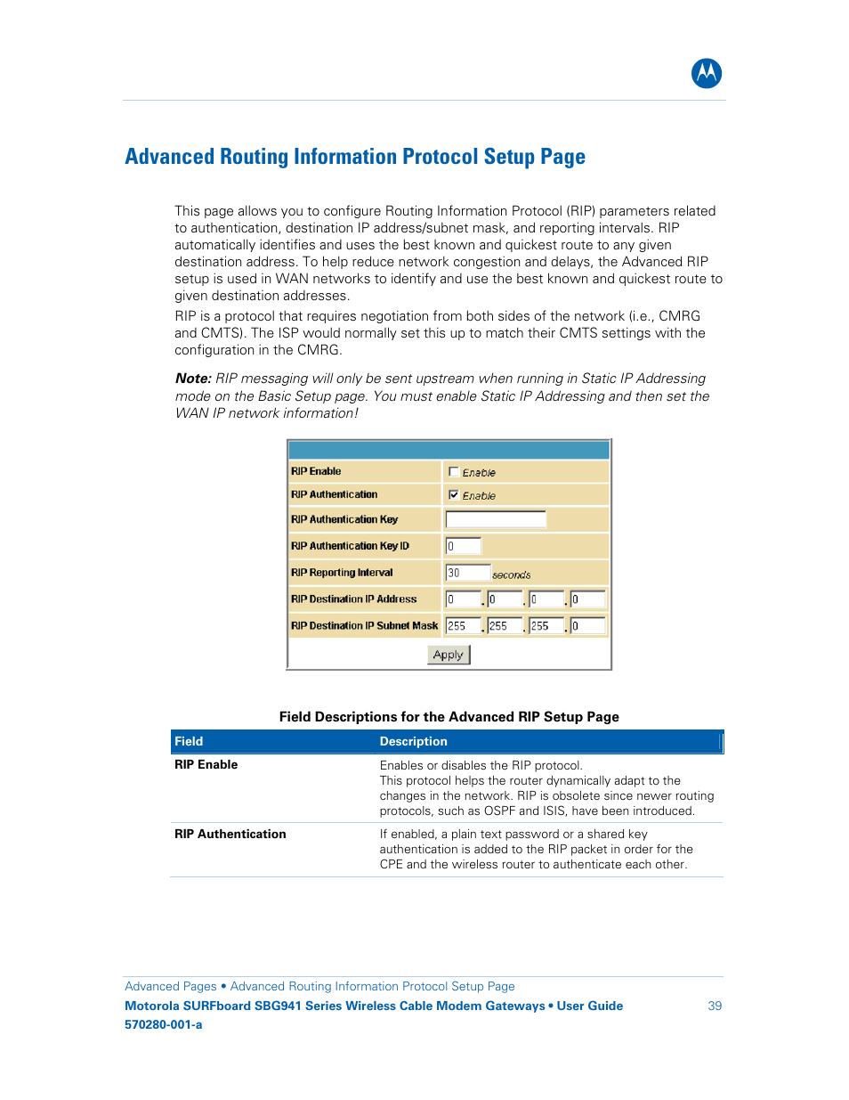 Advanced routing information protocol setup page | Motorola SURFboard 570280-001-a User Manual | Page 47 / 78