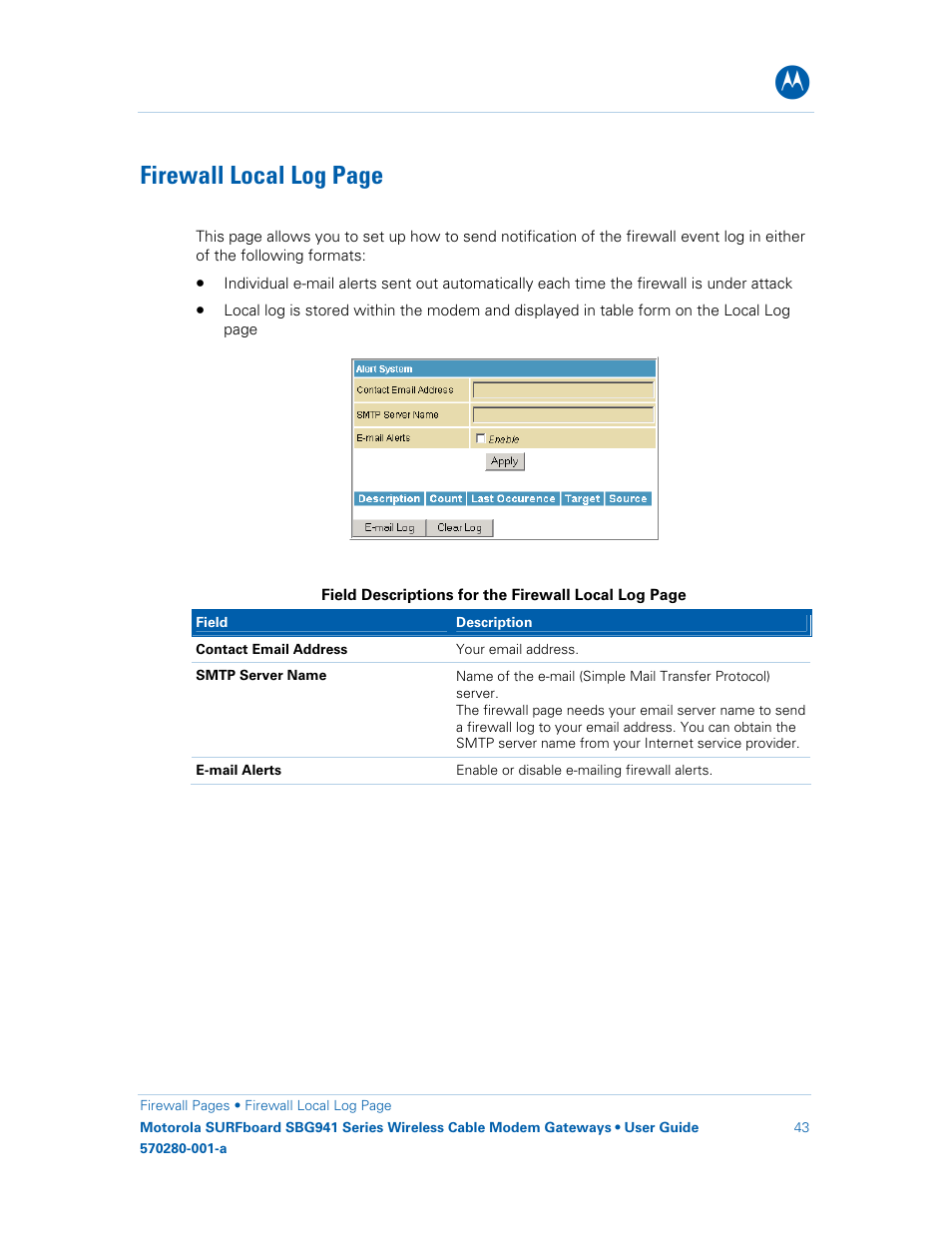 Firewall local log page | Motorola SURFboard 570280-001-a User Manual | Page 51 / 78