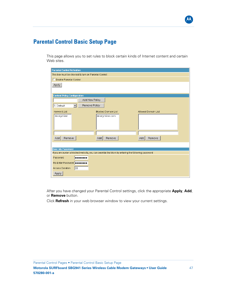 Parental control basic setup page | Motorola SURFboard 570280-001-a User Manual | Page 55 / 78