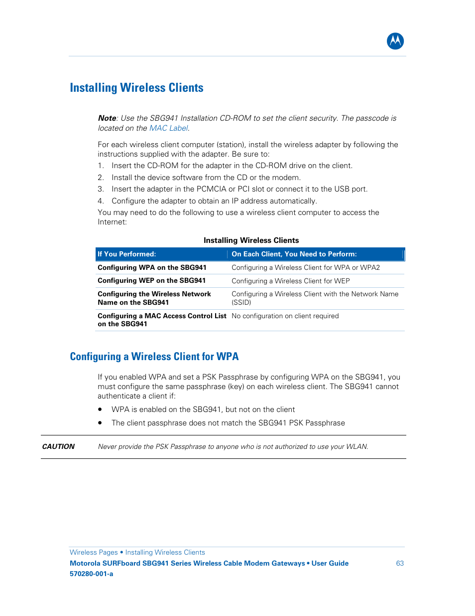 Installing wireless clients, Configuring a wireless client for wpa | Motorola SURFboard 570280-001-a User Manual | Page 71 / 78
