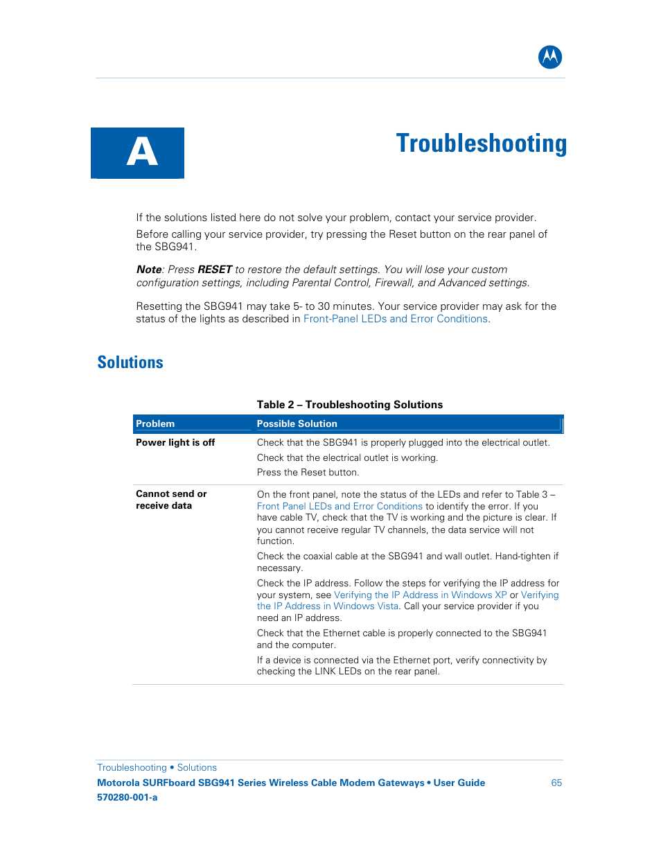 Troubleshooting, Solutions, Table 2 – troubleshooting solutions | Motorola SURFboard 570280-001-a User Manual | Page 73 / 78