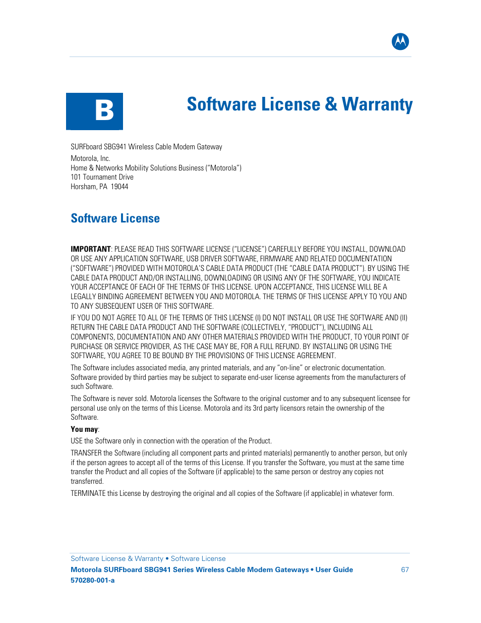 Software license & warranty, Software license | Motorola SURFboard 570280-001-a User Manual | Page 75 / 78