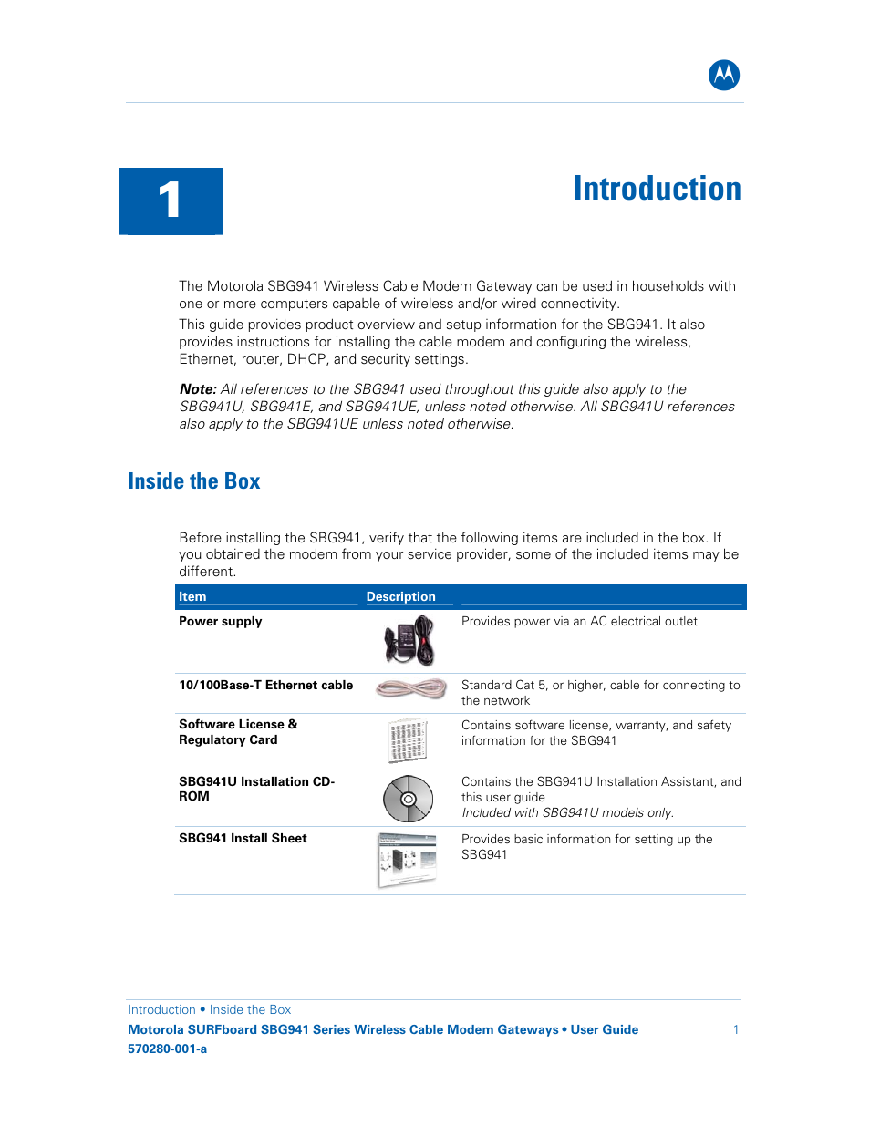 Introduction, Inside the box | Motorola SURFboard 570280-001-a User Manual | Page 9 / 78
