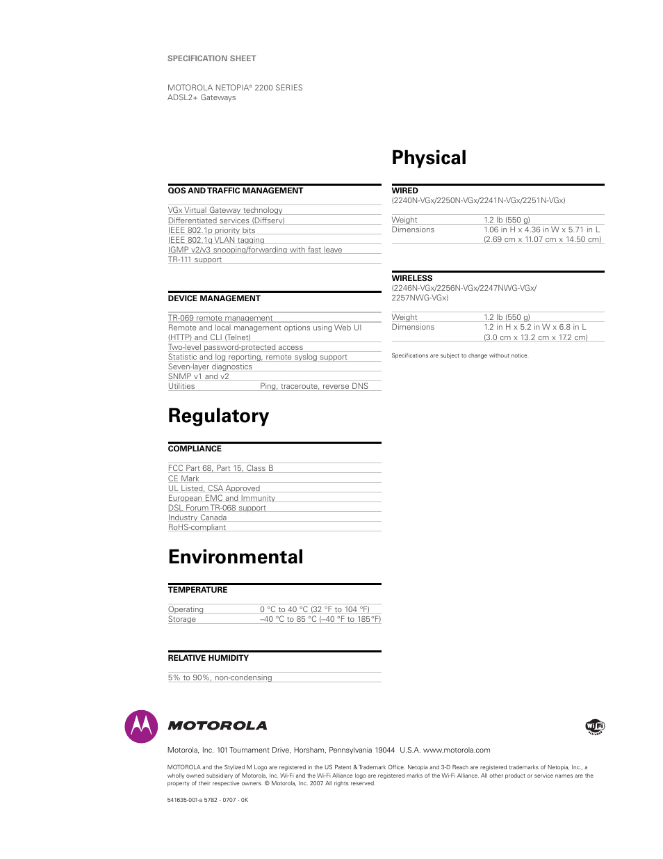 Regulatory, Environmental, Physical | Motorola Netopia 2257NWG-VGX User Manual | Page 5 / 5