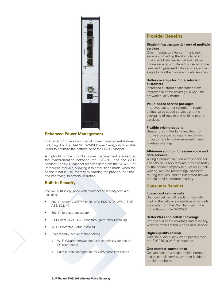 Provider benefits, Enhanced power management, Built-in security | Consumer benefits | Motorola SURFboard SVG2501 User Manual | Page 4 / 8