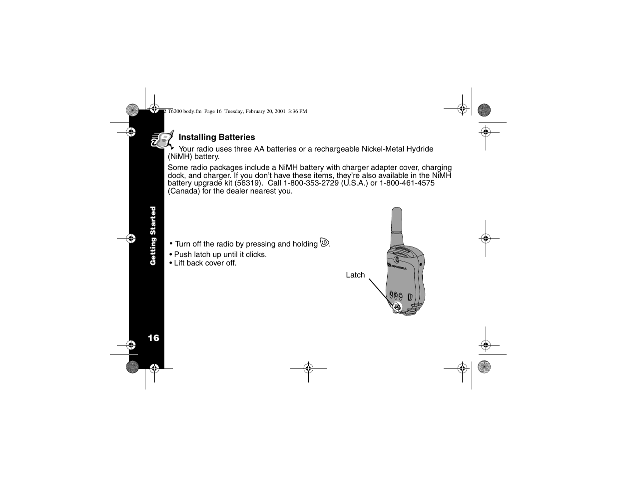 Installing batteries | Motorola T6200 User Manual | Page 18 / 70
