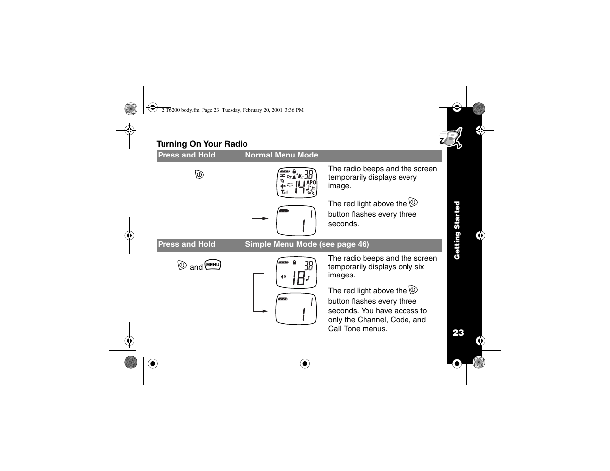 Turning on your radio | Motorola T6200 User Manual | Page 25 / 70