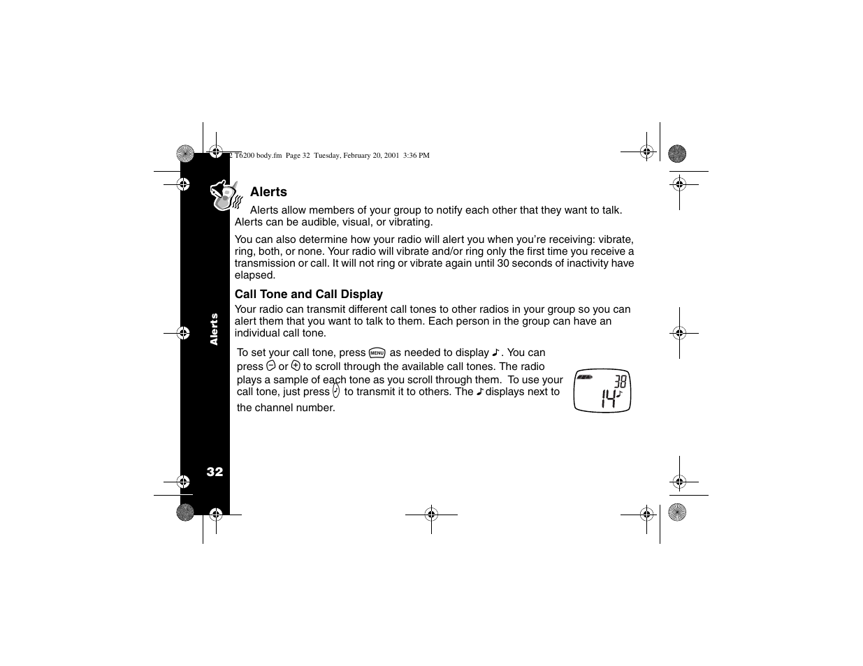 Alerts, Call tone and call display | Motorola T6200 User Manual | Page 34 / 70