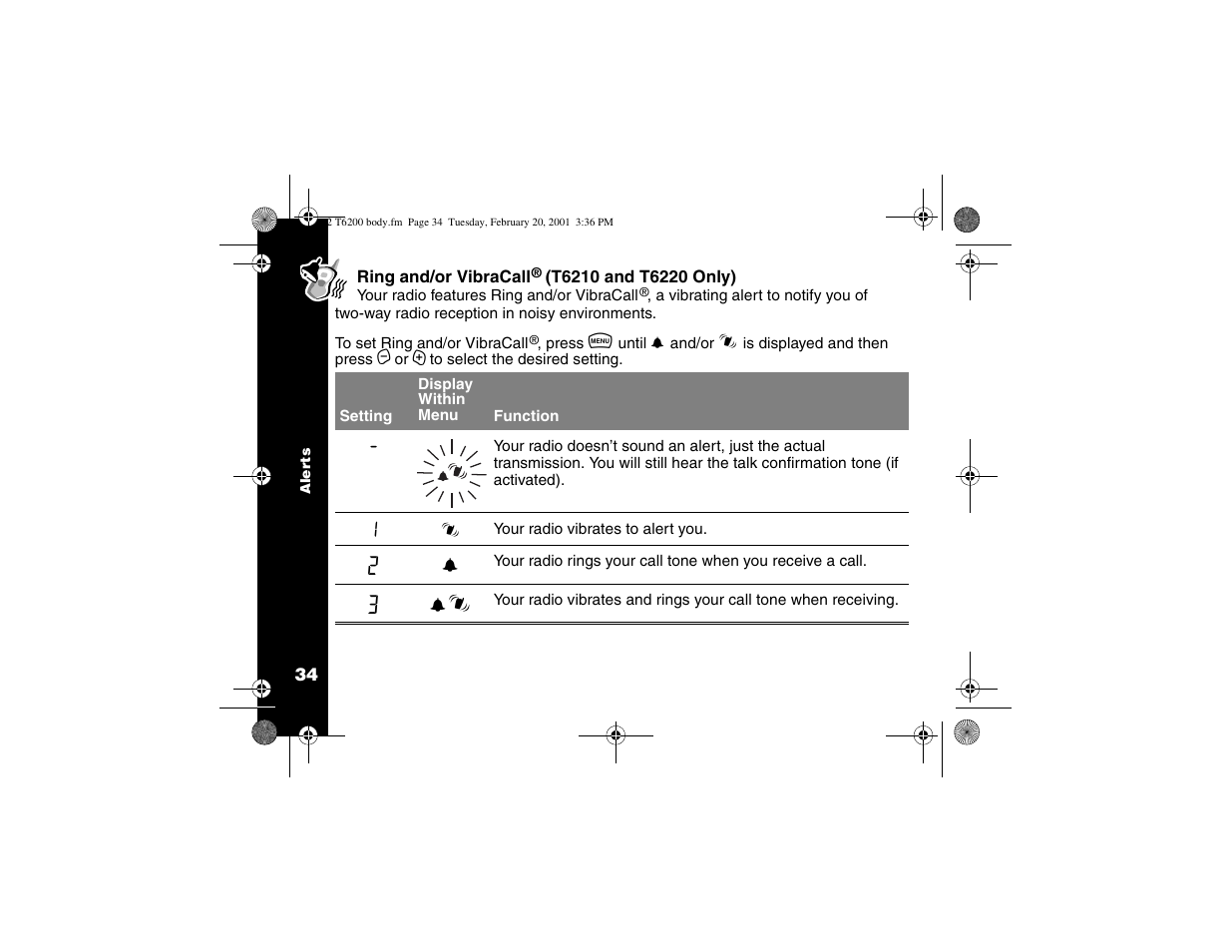 Ring and/or vibracall® (t6210 and t6220 only) | Motorola T6200 User Manual | Page 36 / 70
