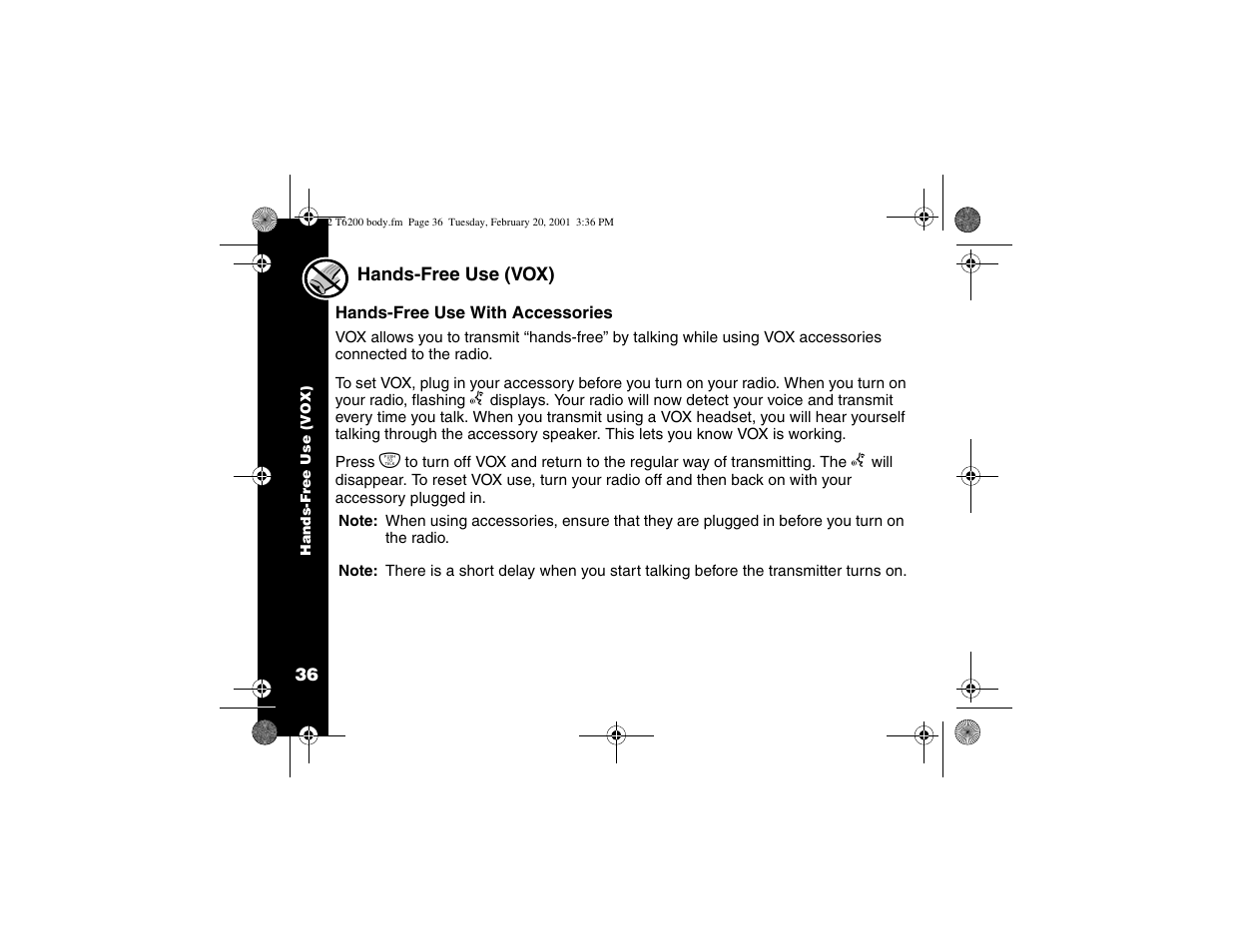 Hands-free use (vox) | Motorola T6200 User Manual | Page 38 / 70