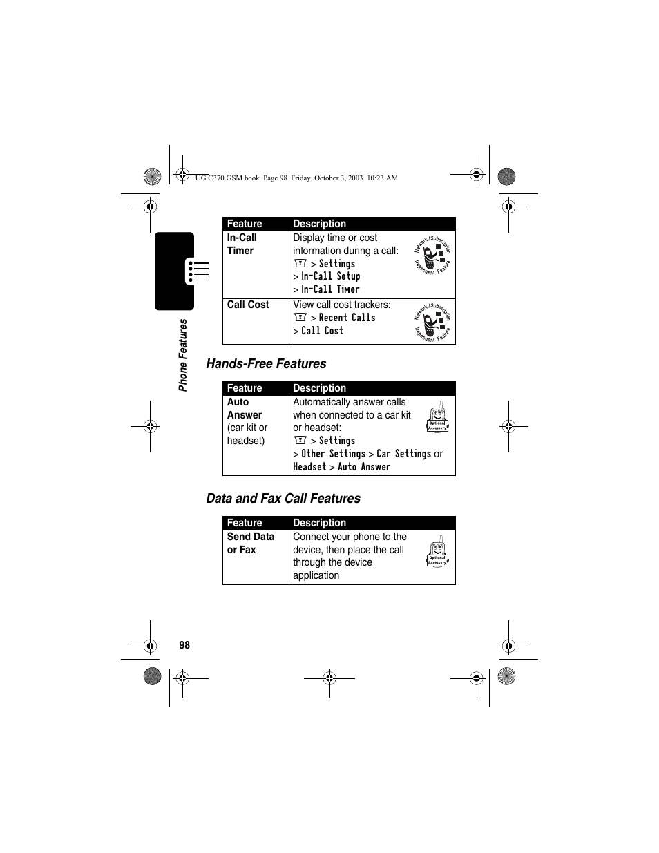 Hands-free features data and fax call features | Motorola C370 Series User Manual | Page 100 / 132