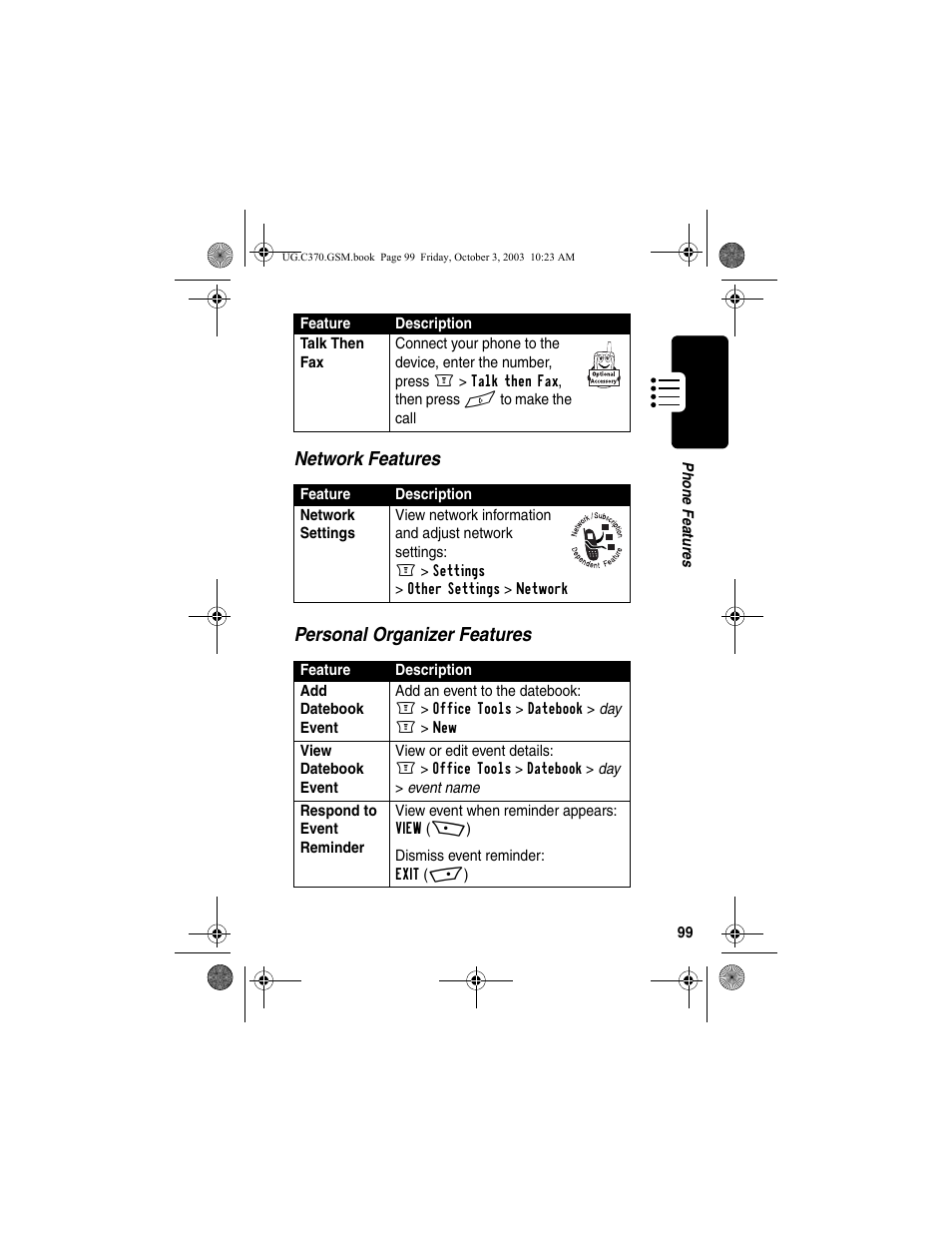 Network features personal organizer features | Motorola C370 Series User Manual | Page 101 / 132