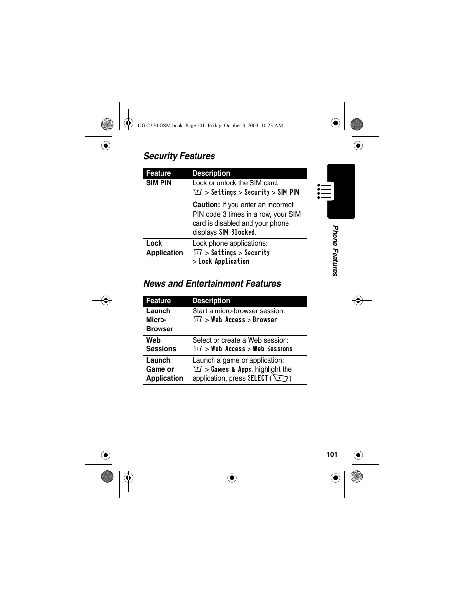 Security features news and entertainment features | Motorola C370 Series User Manual | Page 103 / 132