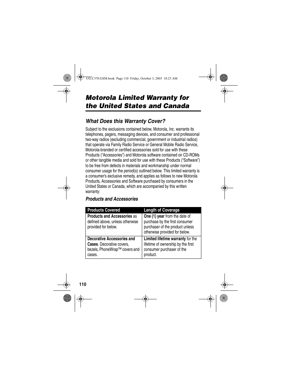 Warranty | Motorola C370 Series User Manual | Page 112 / 132