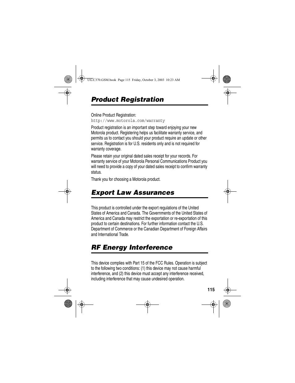 Product registration, Export law assurances, Rf energy interference | Motorola C370 Series User Manual | Page 117 / 132