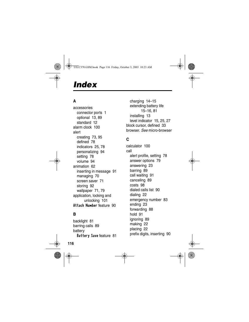 Index | Motorola C370 Series User Manual | Page 118 / 132