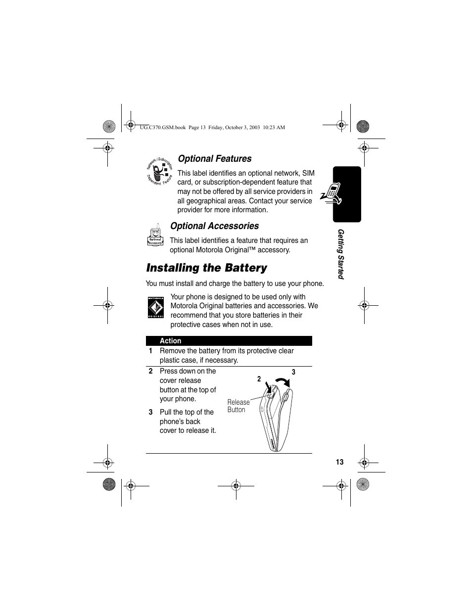 Installing the battery, Optional features, Optional accessories | Motorola C370 Series User Manual | Page 15 / 132