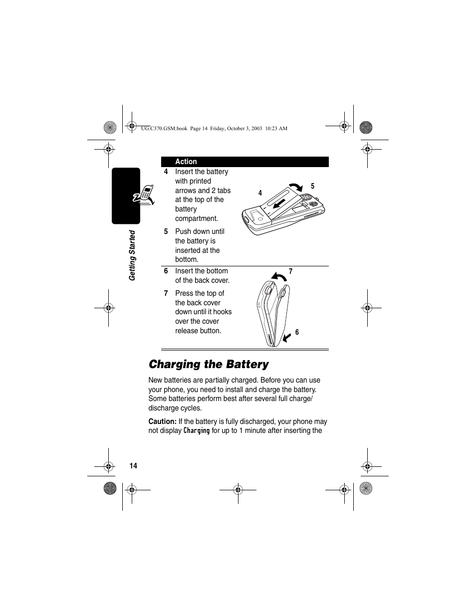 Charging the battery | Motorola C370 Series User Manual | Page 16 / 132