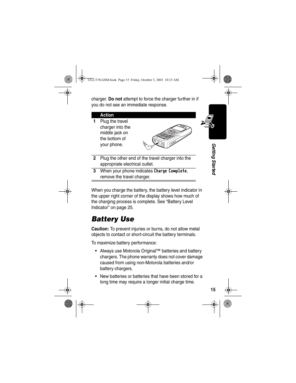 Battery use | Motorola C370 Series User Manual | Page 17 / 132