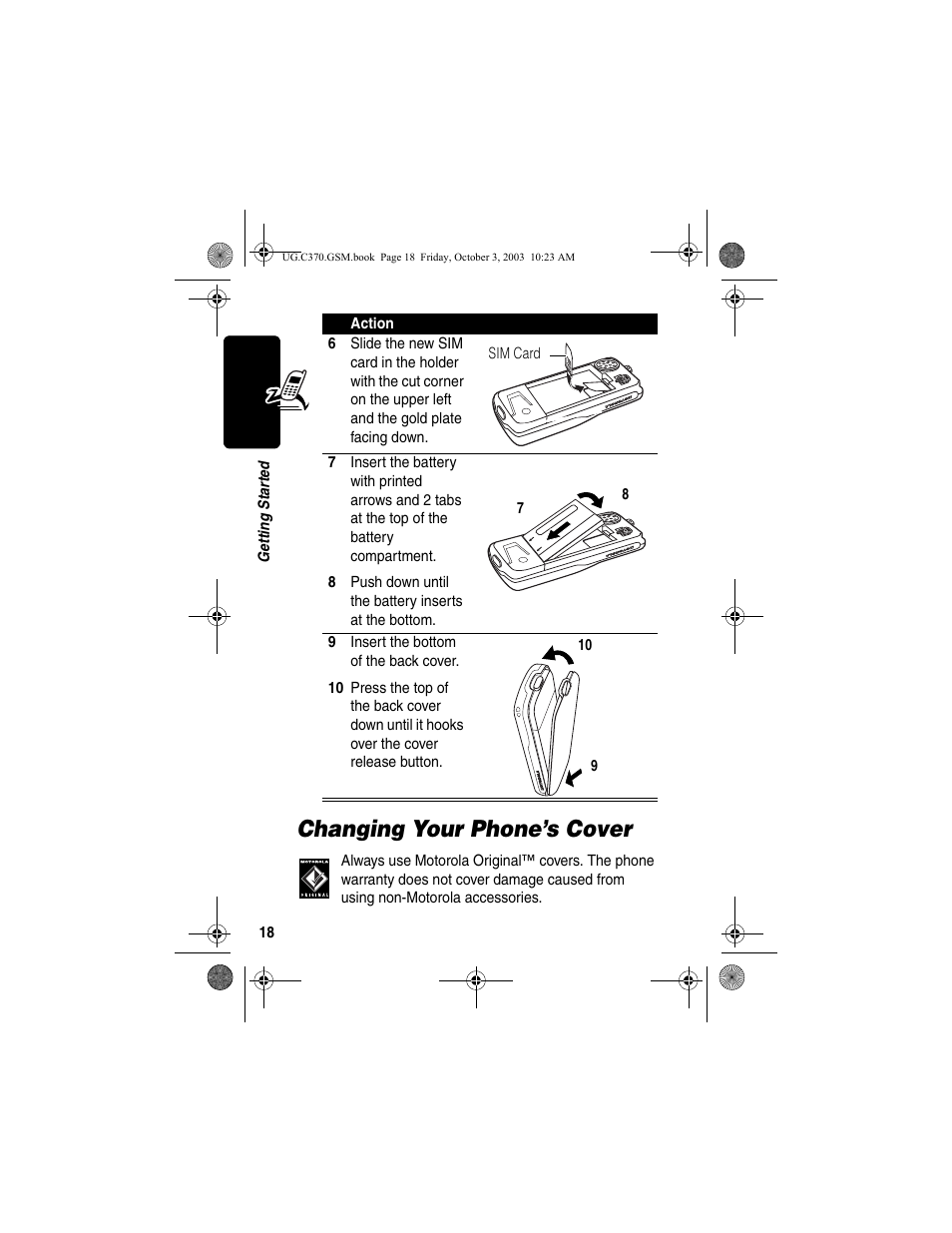 Changing your phone’s cover | Motorola C370 Series User Manual | Page 20 / 132