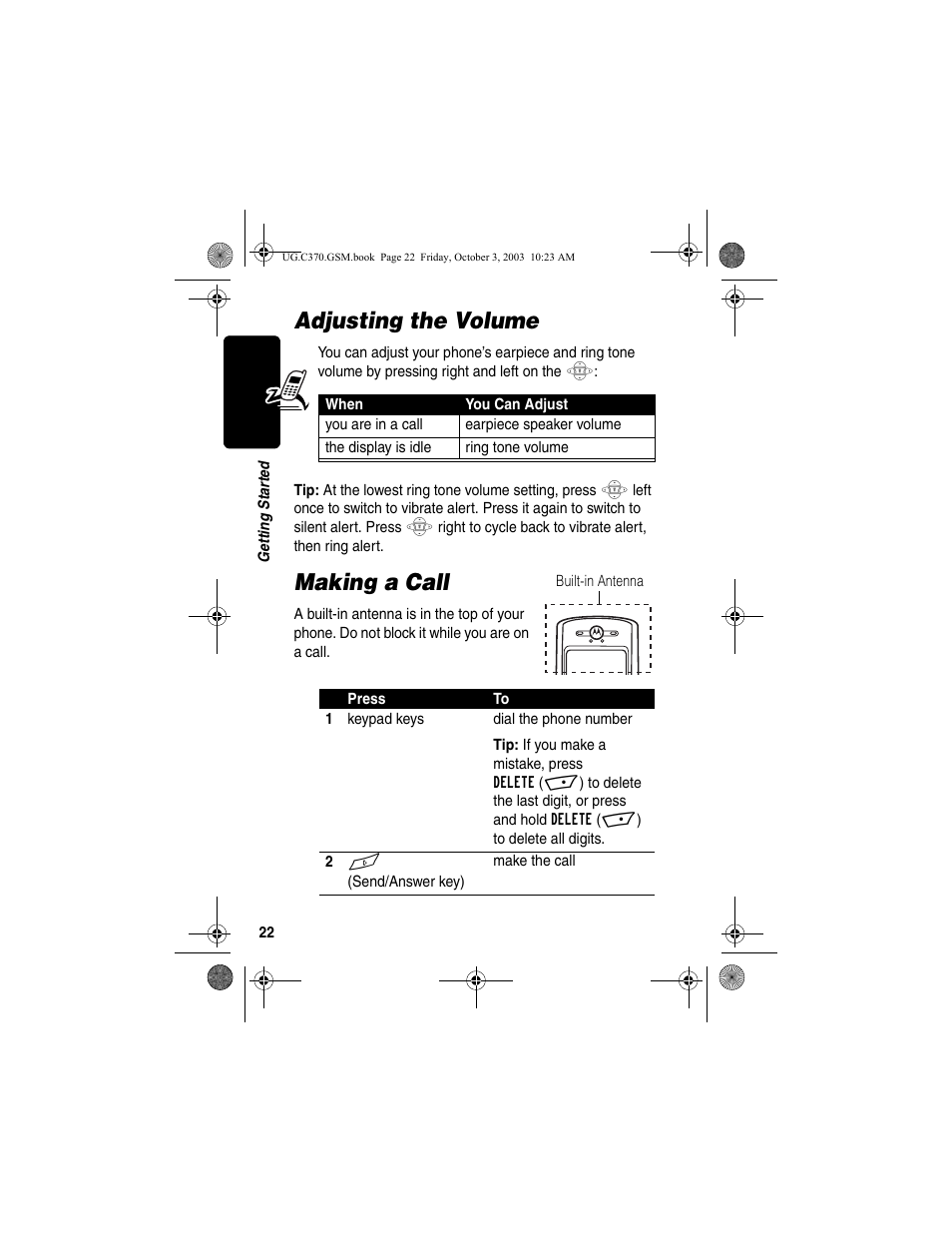 Adjusting the volume, Making a call, Adjusting the volume making a call | Motorola C370 Series User Manual | Page 24 / 132