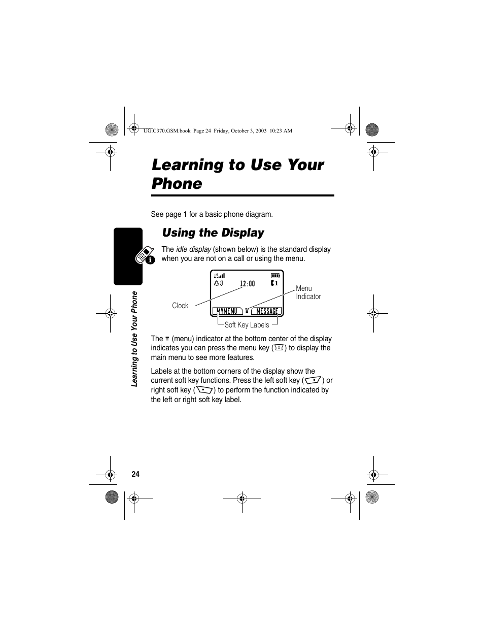 Learning to use your phone, Using the display | Motorola C370 Series User Manual | Page 26 / 132