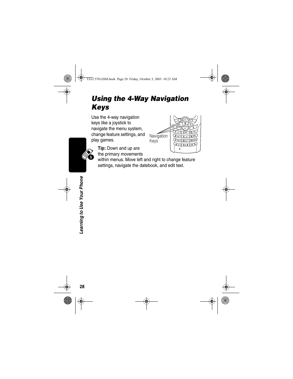 Using the 4-way navigation keys | Motorola C370 Series User Manual | Page 30 / 132