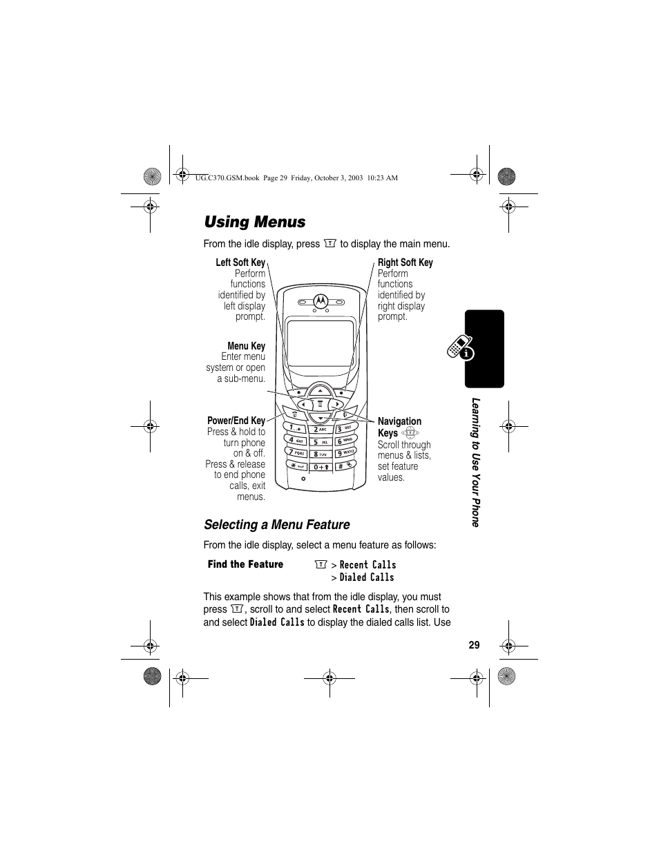 Using menus, Selecting a menu feature | Motorola C370 Series User Manual | Page 31 / 132