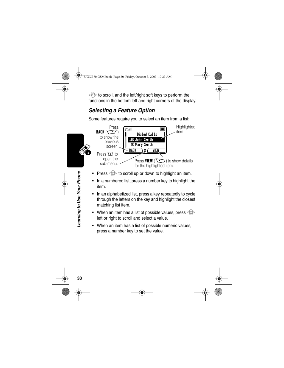 Selecting a feature option | Motorola C370 Series User Manual | Page 32 / 132