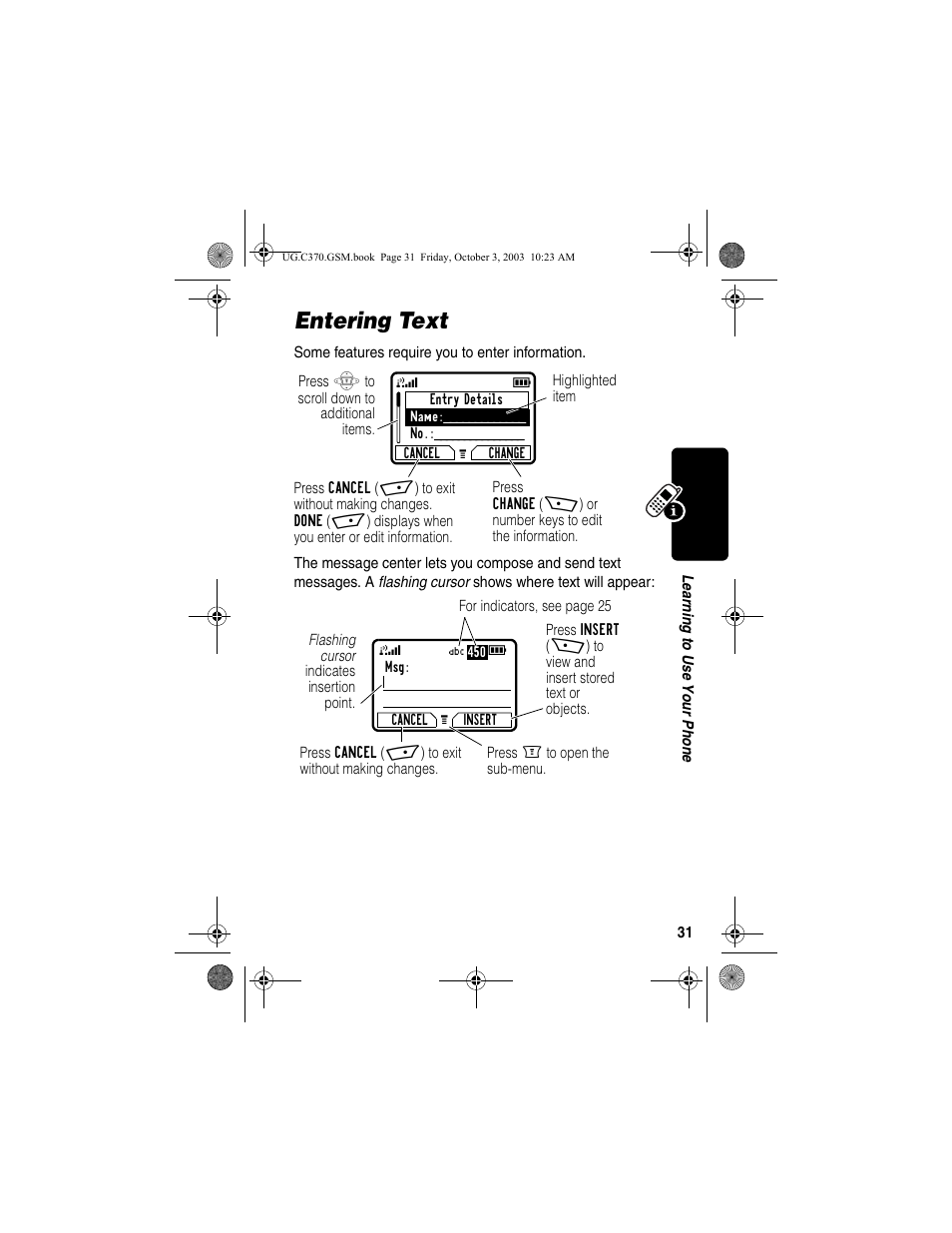 Entering text | Motorola C370 Series User Manual | Page 33 / 132