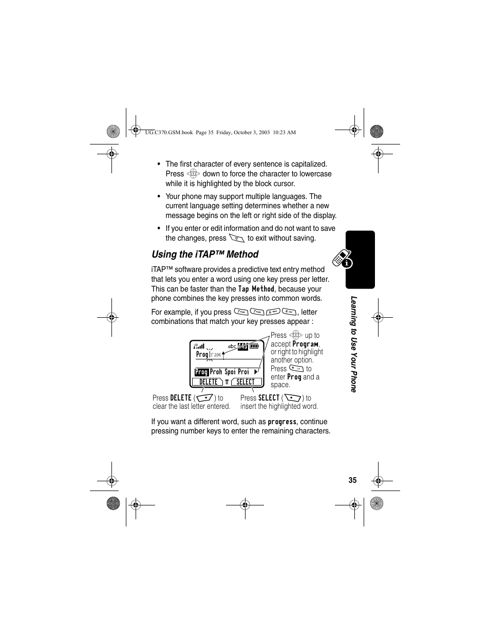Using the itap™ method | Motorola C370 Series User Manual | Page 37 / 132