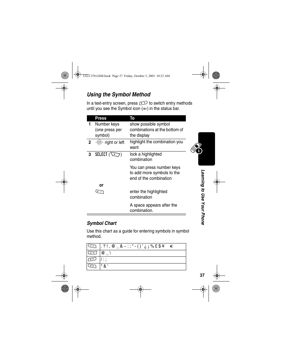 Using the symbol method | Motorola C370 Series User Manual | Page 39 / 132