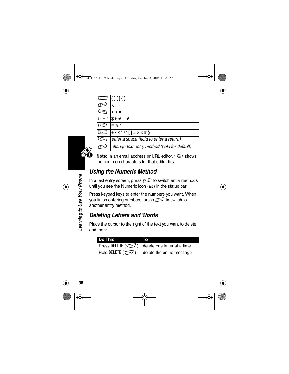 Using the numeric method, Deleting letters and words | Motorola C370 Series User Manual | Page 40 / 132