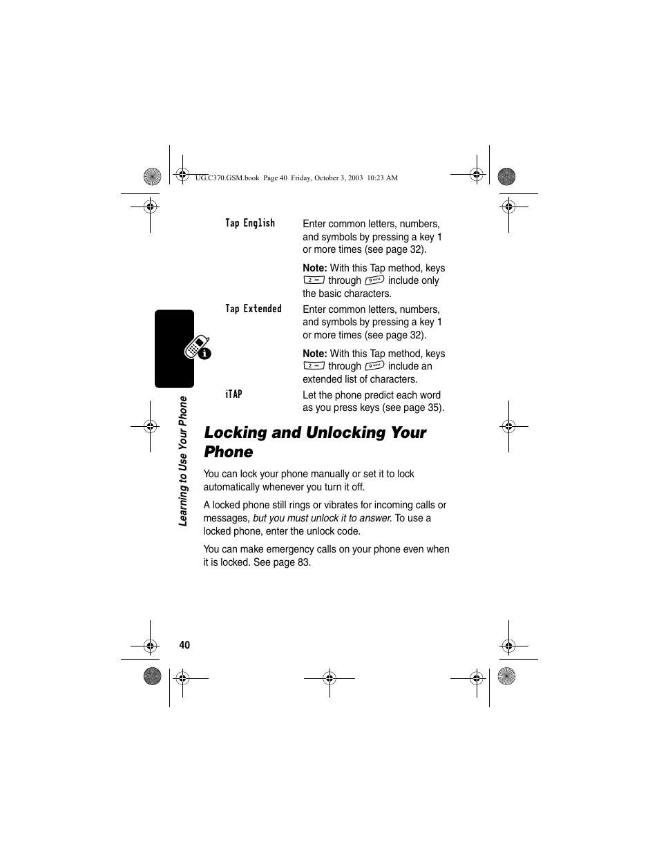 Locking and unlocking your phone | Motorola C370 Series User Manual | Page 42 / 132