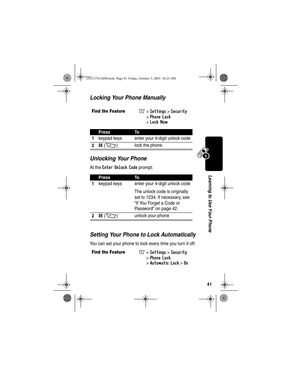 Locking your phone manually unlocking your phone, Setting your phone to lock automatically | Motorola C370 Series User Manual | Page 43 / 132