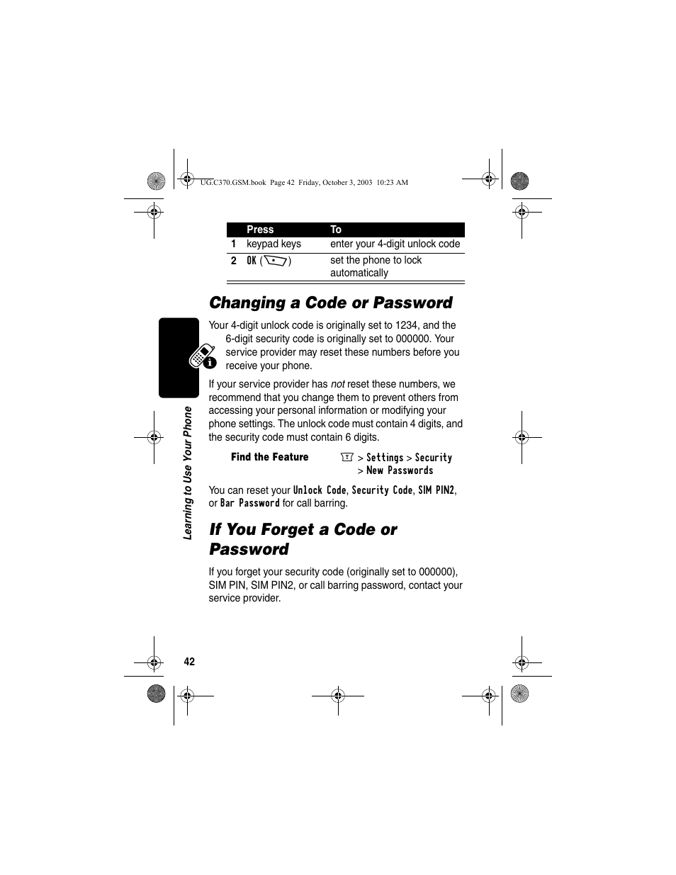 Changing a code or password, If you forget a code or password | Motorola C370 Series User Manual | Page 44 / 132