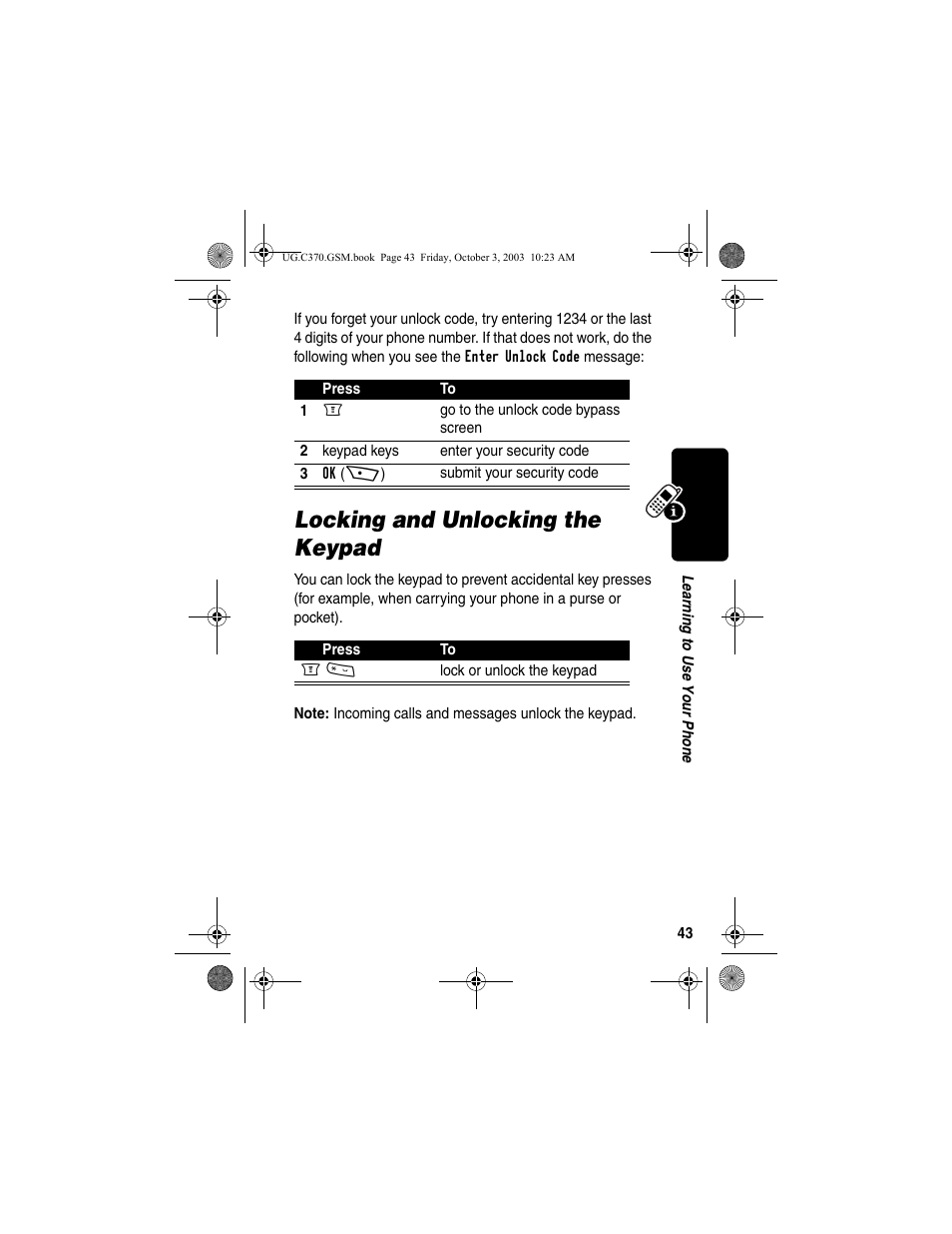 Locking and unlocking the keypad | Motorola C370 Series User Manual | Page 45 / 132